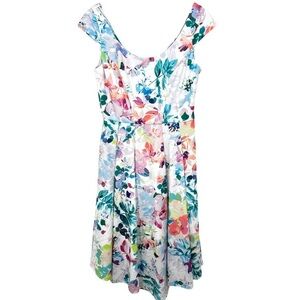 Calvin Klein White & Colorful Floral Formal Midi Dress Size 8 Beautiful